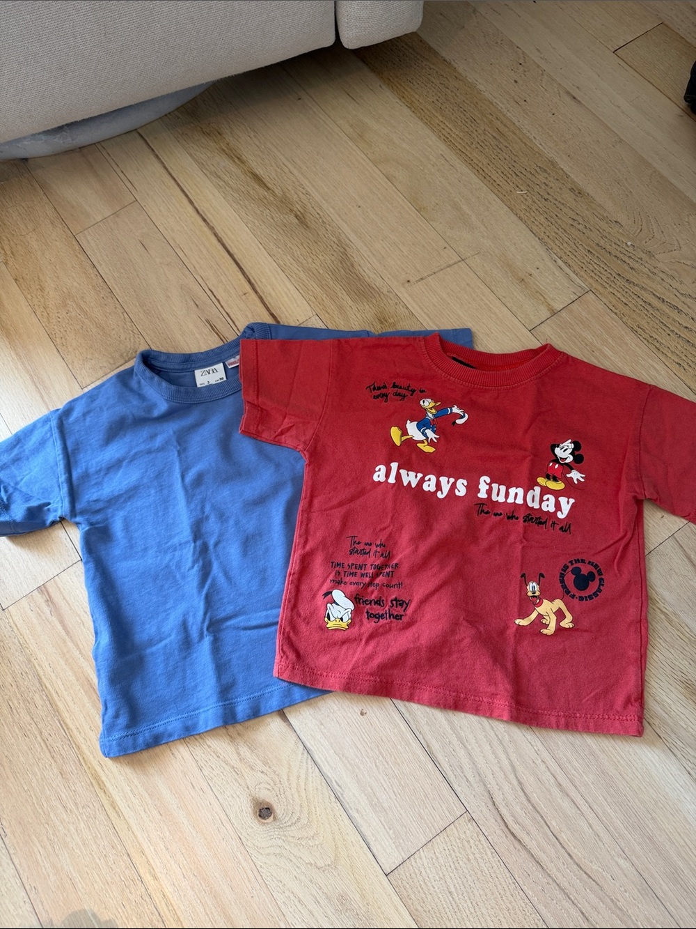 Zara Red Disney 'Always Funday' Graphic Tee with Blue Basic Tee